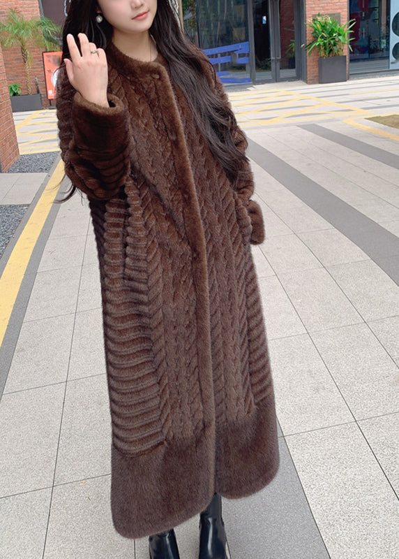 Elegant Coffee O-Neck Pockets Print Leather And Fur Long Coats Spring