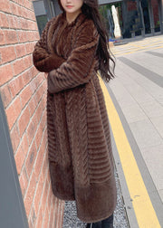 Elegant Coffee O-Neck Pockets Print Leather And Fur Long Coats Spring