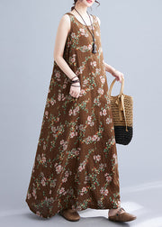 Elegant Coffee O-Neck Print Linen Beach Dresses Sleeveless