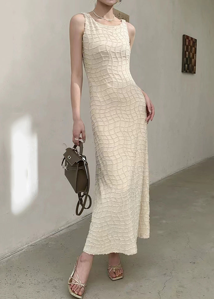 Elegant Coffee O Neck Solid Cotton Long Dresses Sleeveless