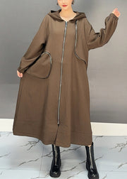 Elegant Coffee Patchwork Zippered Hooded Maxi Trench Coat Spring