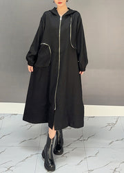 Elegant Coffee Patchwork Zippered Hooded Maxi Trench Coat Spring