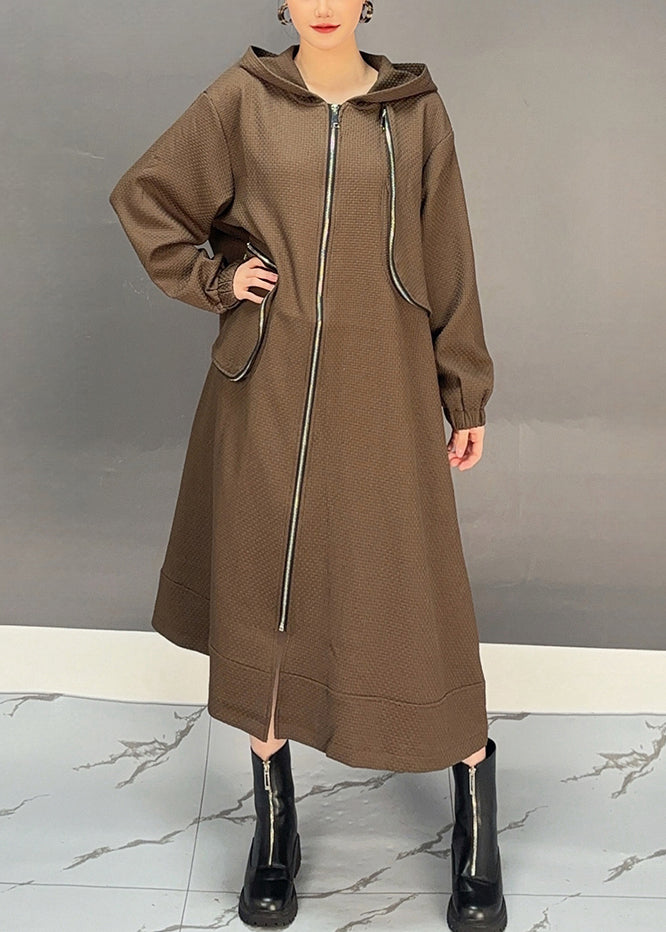 Elegant Coffee Patchwork Zippered Hooded Maxi Trench Coat Spring