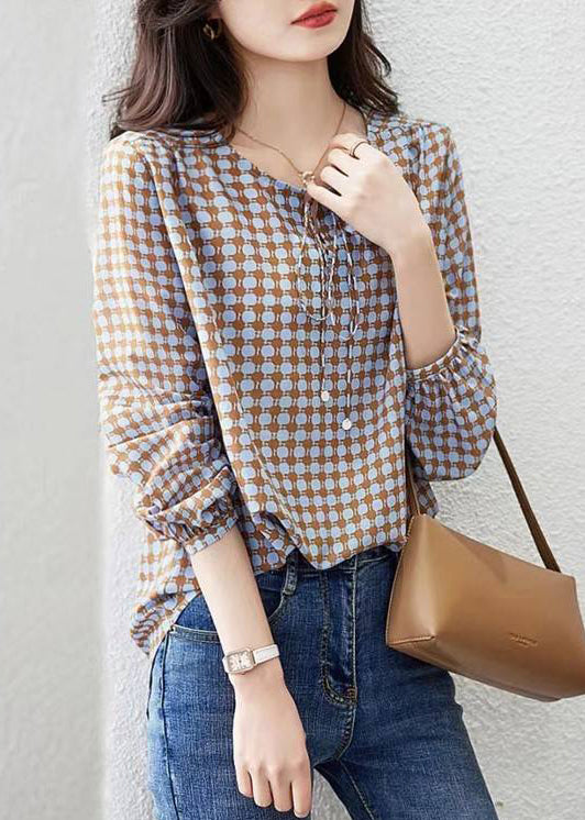 Elegant Coffee Print Lace Up Cotton Blouses Long Sleeve