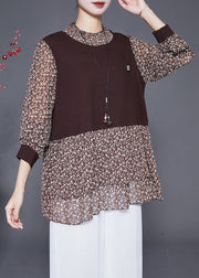 Elegant Coffee Print Patchwork Chiffon Knit Fake Two Piece Shirt Fall