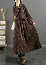 Elegant Coffee Ruffled Print Knit Patchwork Long Dress Long Sleeve