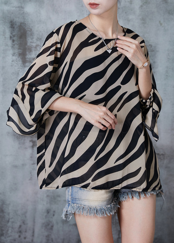 Elegant Coffee Ruffles Striped Chiffon Top Spring