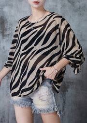 Elegant Coffee Ruffles Striped Chiffon Top Spring