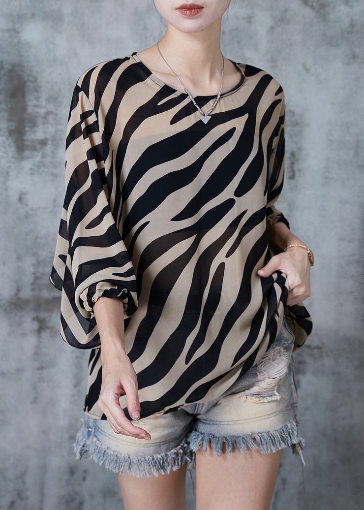 Elegant Coffee Ruffles Striped Chiffon Top Spring