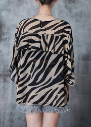 Elegant Coffee Ruffles Striped Chiffon Top Spring