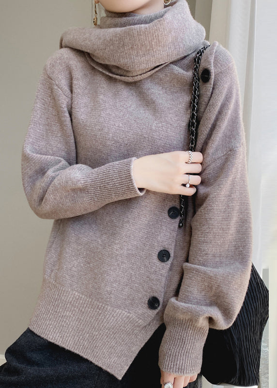 Elegant Coffee Scarf Collar Button Patchwork Wool Sweaters Spring