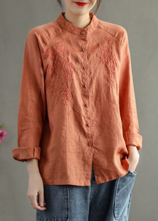 Elegant Chocolate Stand Collar Embroideried Button Linen Shirts Long Sleeve