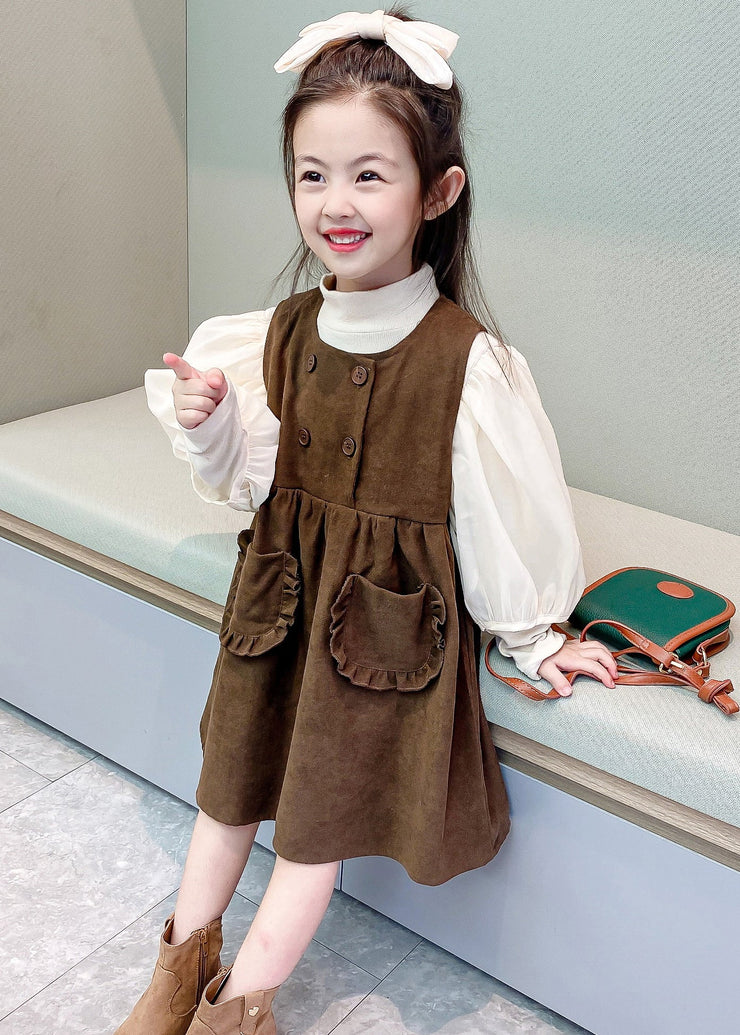 Elegant Coffee Turtleneck Pockets Patchwork Corduroy Girls Two Piece Set Fall