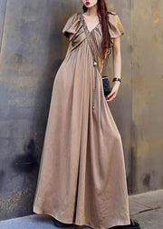 Elegant Coffee V Neck Wrinkled Patchwork Cotton Long Dresses Summer