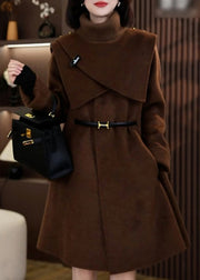 Elegant Coffee Woolen Coats And Knit Scarf Two Pieces Set Winter