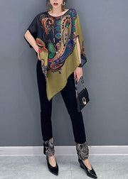 Elegant Colorblock Asymmetrical Print Chiffon Top Batwing Sleeve