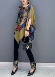 Elegant Colorblock Asymmetrical Print Chiffon Top Batwing Sleeve