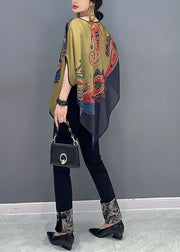 Elegant Colorblock Asymmetrical Print Chiffon Top Batwing Sleeve