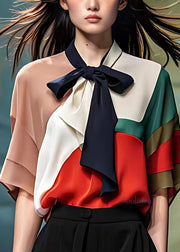 Elegant Colorblock Bow Patchwork Chiffon Tops Summer