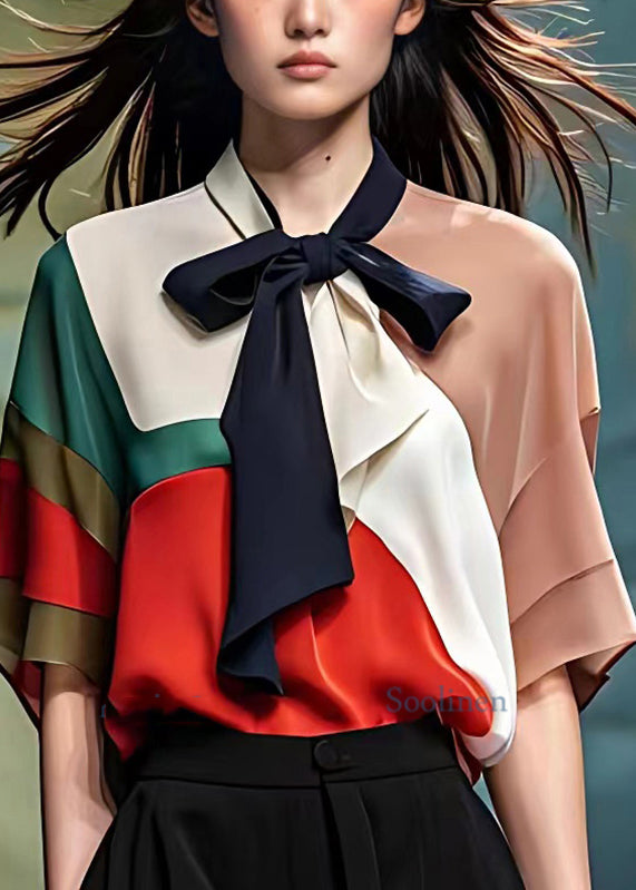 Elegant Colorblock Bow Patchwork Chiffon Tops Summer