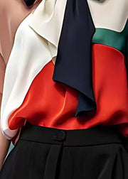 Elegant Colorblock Bow Patchwork Chiffon Tops Summer