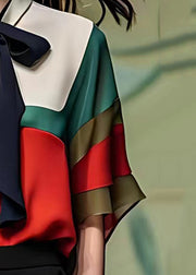 Elegant Colorblock Bow Patchwork Chiffon Tops Summer