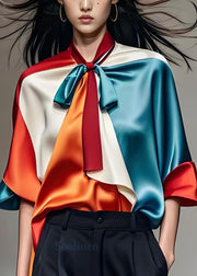 Elegant Colorblock Bow Silk Shirts Tops Half Sleeve