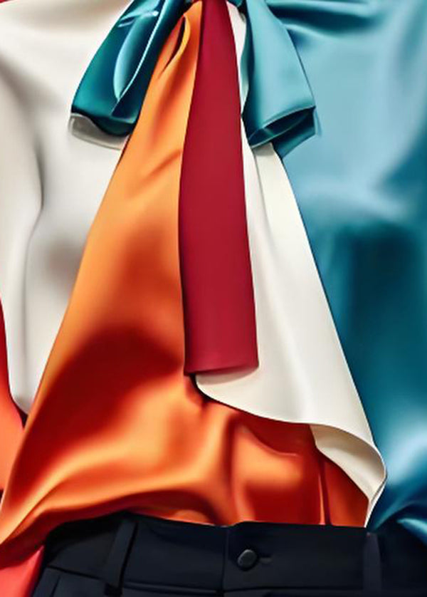 Elegant Colorblock Bow Silk Shirts Tops Half Sleeve