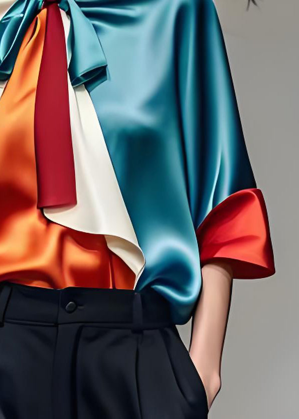 Elegant Colorblock Bow Silk Shirts Tops Half Sleeve