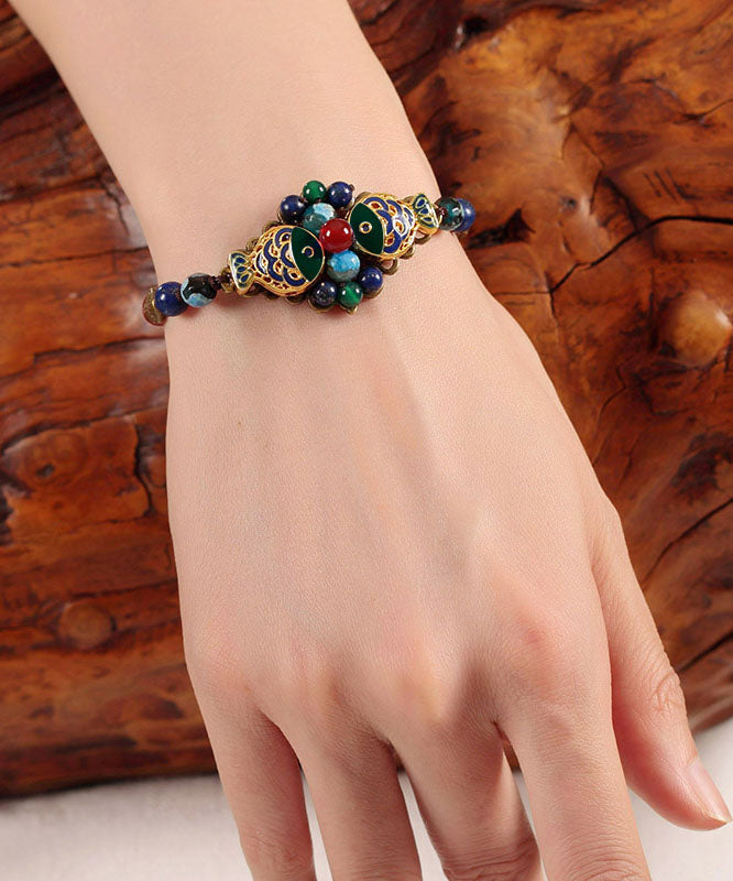 Elegant Colorblock Bronze Colored Goldfish Agate Coloured Glaze Gem Stone Cloisonne Charm Bracelet