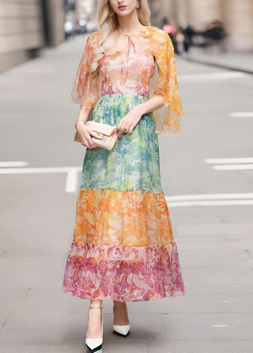 Elegant Colorblock Lace Up Print Chiffon Long Dresses Half Sleeve