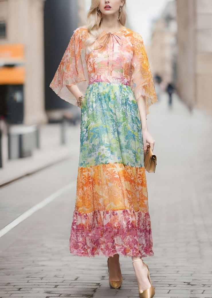 Elegant Colorblock Lace Up Print Chiffon Long Dresses Half Sleeve