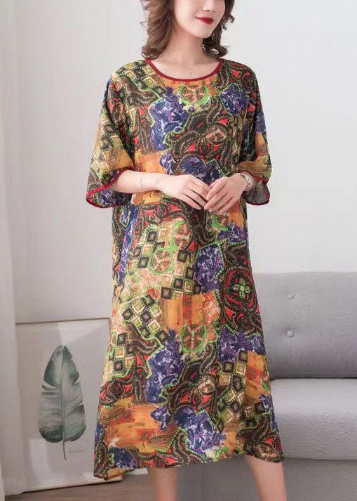 Elegant Colorblock O Neck Print Patchwork Chiffon Dress Summer