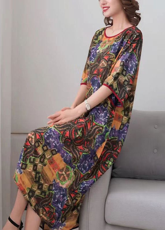 Elegant Colorblock O Neck Print Patchwork Chiffon Dress Summer