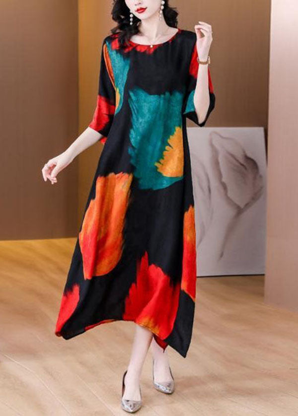 Elegant Colorblock O Neck Print Patchwork Silk Dress Summer