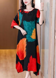 Elegant Colorblock O Neck Print Patchwork Silk Dress Summer