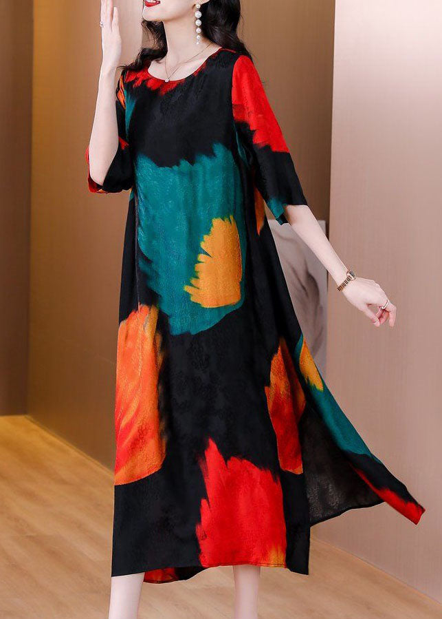 Elegant Colorblock O Neck Print Patchwork Silk Dress Summer