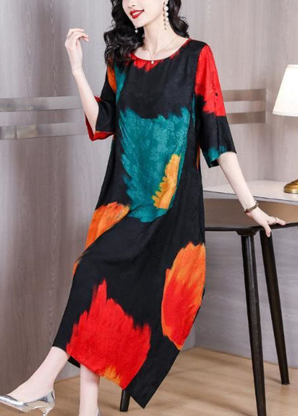 Elegant Colorblock O Neck Print Patchwork Silk Dress Summer