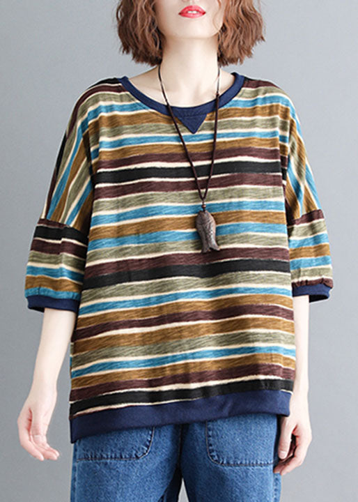 Elegant Colorblock O Neck Striped Patchwork Cotton Tops Summer