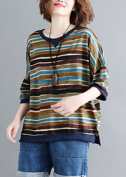 Elegant Colorblock O Neck Striped Patchwork Cotton Tops Summer