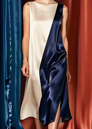 Elegant Colorblock Oversized Patchwork Side Open Silk Long Dresses Summer