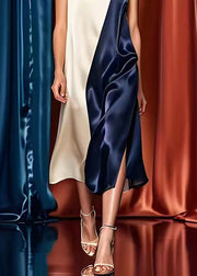 Elegant Colorblock Oversized Patchwork Side Open Silk Long Dresses Summer