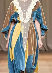 Elegant Colorblock Oversized Patchwork Silk Velvet Dress Batwing Sleeve