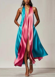 Elegant Colorblock Patchwork Side Open Silk Vestidos Dress Summer