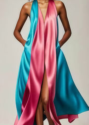 Elegant Colorblock Patchwork Side Open Silk Vestidos Dress Summer