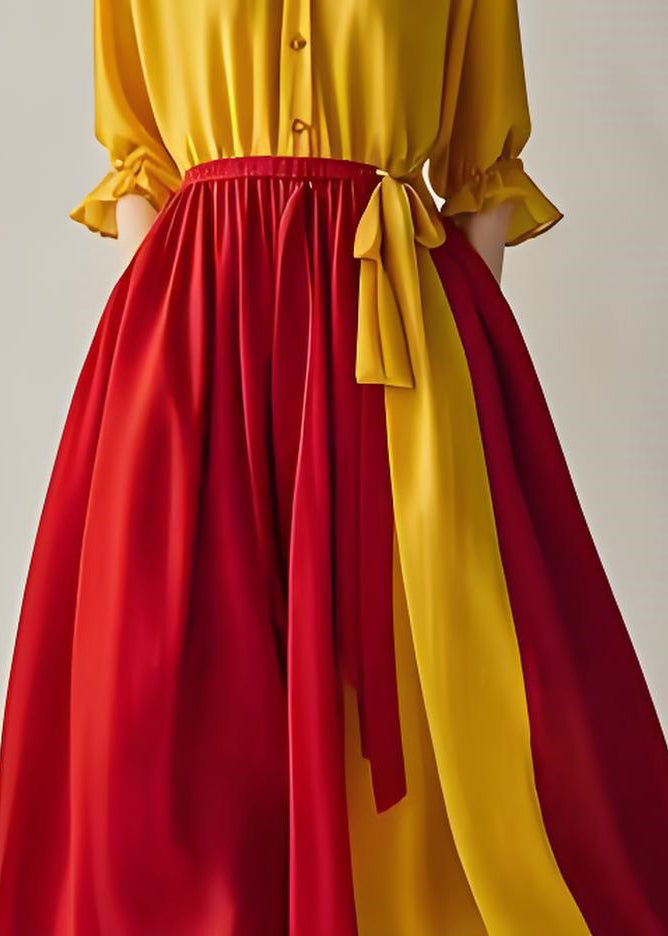 Elegant Colorblock Ruffled Patchwork Cotton Dresses Summer
