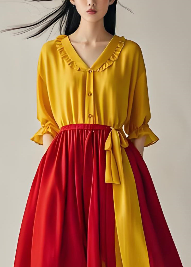 Elegant Colorblock Ruffled Patchwork Cotton Dresses Summer