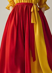Elegant Colorblock Ruffled Patchwork Cotton Dresses Summer