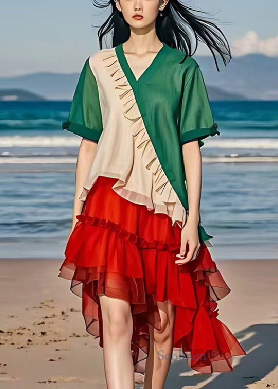 Elegant Colorblock Ruffled Patchwork Low High Design Cotton Dress Summer