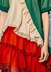 Elegant Colorblock Ruffled Patchwork Low High Design Cotton Dress Summer